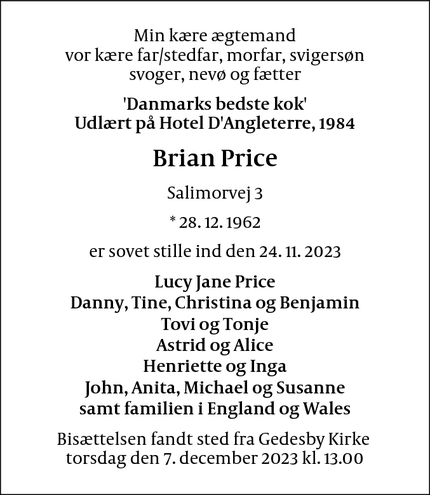 Dødsannoncen for Brian Price - Gedser