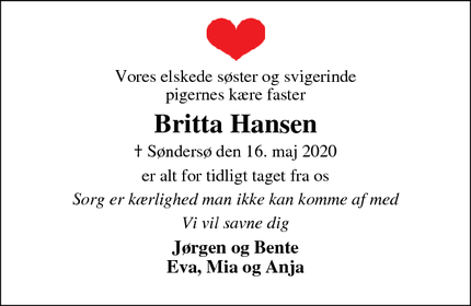 Dødsannoncen for Britta Hansen - Søndersø 