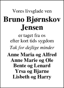 Dødsannoncen for Bruno Bjørnskov
Jensen - Lem