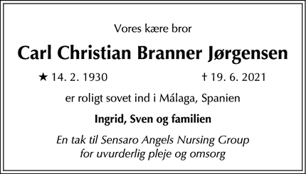 Dødsannoncen for Carl Christian Branner Jørgensen - Málaga