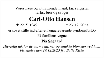 Dødsannoncen for Carl-Otto Hansen - Silkeborg