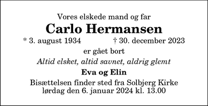 Dødsannoncen for Carlo Hermansen - Solbjerg