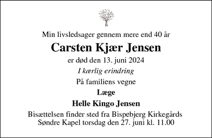 Dødsannoncen for Carsten Kjær Jensen - Faxe Ladeplads 