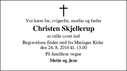 Dødsannoncen for Christen Skjellerup - Mariager