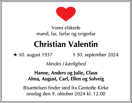 Dødsannoncen for Christian Valentin - København K