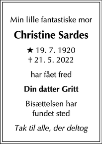 Dødsannoncen for Christine Sardes - Ordrup eller skal der stå København?