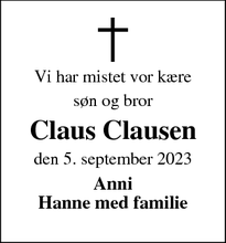 Dødsannoncen for Claus Clausen - Dalmose