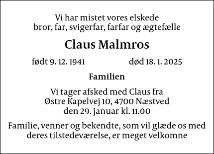 Dødsannoncen for Claus Malmros - Fuglebjerg