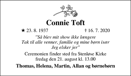 Dødsannoncen for Connie Toft - Stenløse