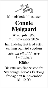 Dødsannoncen for Connie
Mølgaard - Faaborg