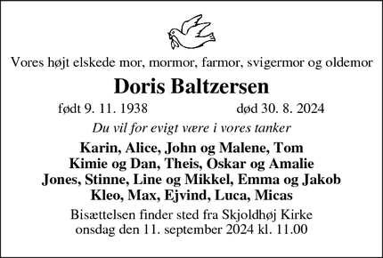 Dødsannoncen for Doris Baltzersen - Aarhus