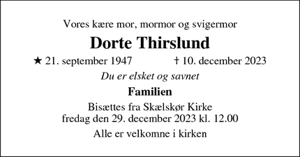 Dødsannoncen for Dorte Thirslund - Skælskør