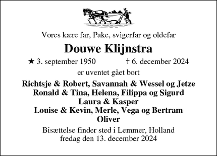 Dødsannoncen for Douwe Klijnstra - Lemmer