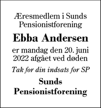 Dødsannoncen for Ebba Andersen - Sunds