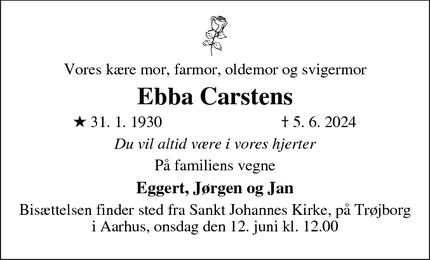 Dødsannoncen for Ebba Carstens - Aarhus