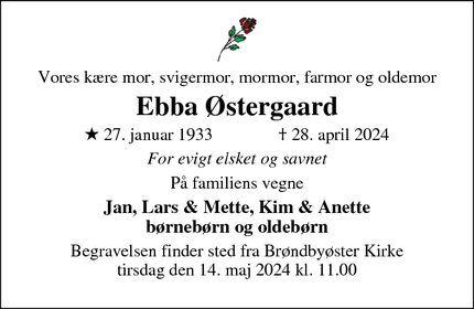 Dødsannoncen for Ebba Østergaard - Brøndbyøster
