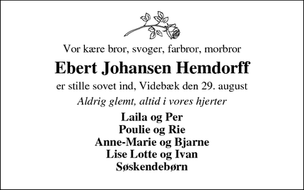 Dødsannoncen for Ebert Johansen Hemdorff - Videbæk