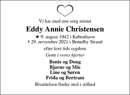 Dødsannoncen for Eddy Annie Christensen - Brøndby strand 