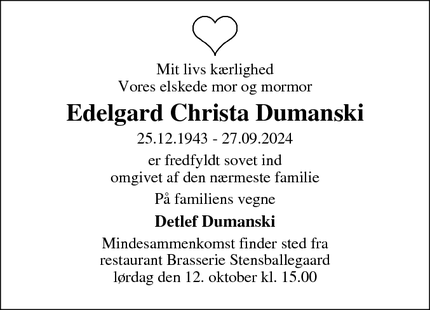 Dødsannoncen for Edelgard Christa Dumanski - Horsens