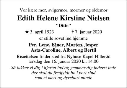 Dødsannoncen for Edith Helene Kirstine Nielsen
"Ditte" - Hillerød