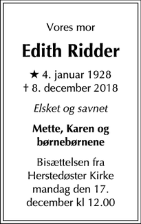 Dødsannoncen for Edith Ridder - København