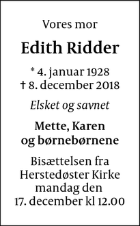 Dødsannoncen for Edith Ridder - København