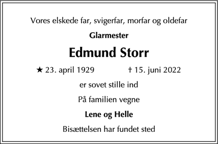 Dødsannoncen for Edmund Storr - Hørsholm