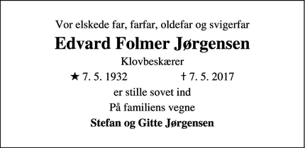 Dødsannoncen for Edvard Folmer Jørgensen - Tvilum 