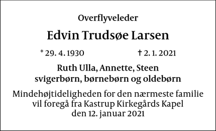 Dødsannoncen for Edvin Trudsøe Larsen - Kastrup