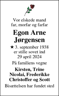 Dødsannoncen for Egon Arne Jørgensen - Middelfart