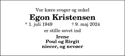 Dødsannoncen for Egon Kristensen - Nørhalne Vadum