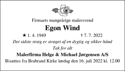 Dødsannoncen for Egon Wind - Brabrand