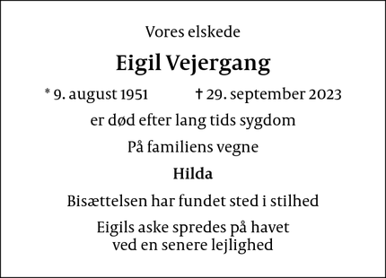 Dødsannoncen for Eigil Vejergang - Birkerød