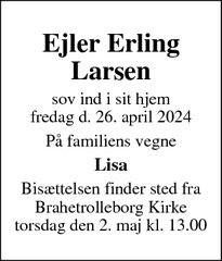 Dødsannoncen for Ejler Erling
Larsen - Korinth, 5600 Faaborg