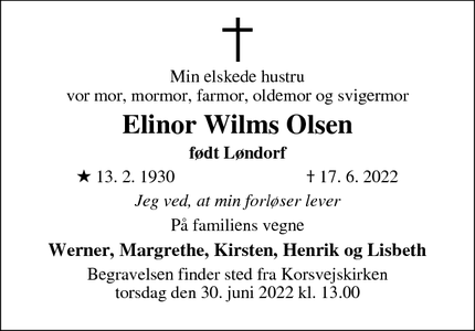 Dødsannoncen for Elinor Wilms Olsen - Tårnby