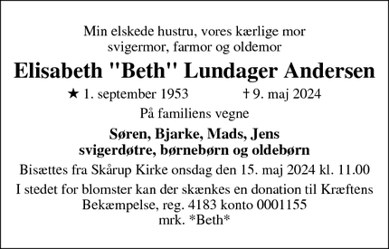 Dødsannoncen for Elisabeth "Beth" Lundager Andersen - Skårup