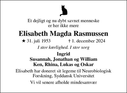 Dødsannoncen for Elisabeth Magda Rasmussen - St. Darum (Esbjerg)