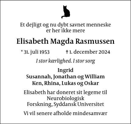 Dødsannoncen for Elisabeth Magda Rasmussen - St. Darum (Esbjerg)