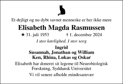 Dødsannoncen for Elisabeth Magda Rasmussen - St. Darum (Esbjerg)