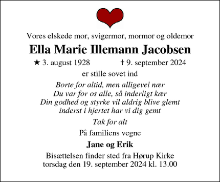 Dødsannoncen for Ella Marie Illemann Jacobsen - Høruphav