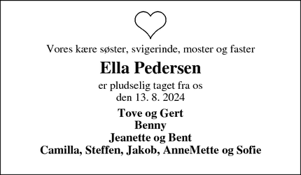 Dødsannoncen for Ella Pedersen - Vejby