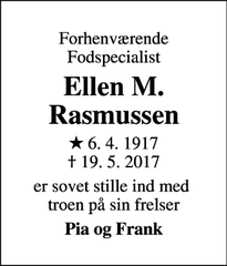 Dødsannoncen for Ellen M. Rasmussen - Hinnerup