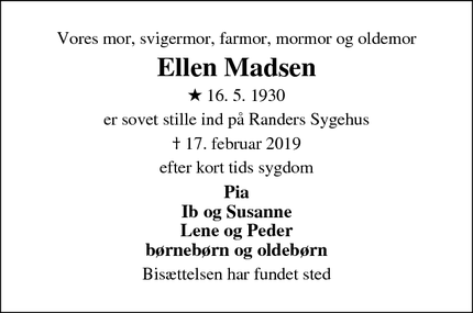 Dødsannoncen for Ellen Madsen - Ryomgård