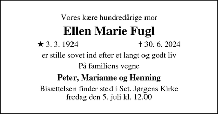 Dødsannoncen for Ellen Marie Fugl - Kongens Lyngby