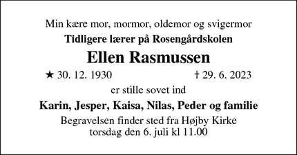 Dødsannoncen for Ellen Rasmussen - Odense