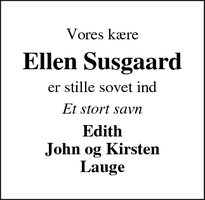 Dødsannoncen for Ellen Susgaard - Ringkøbing