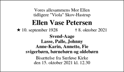 Dødsannoncen for Ellen Vase Petersen - Hvalsø