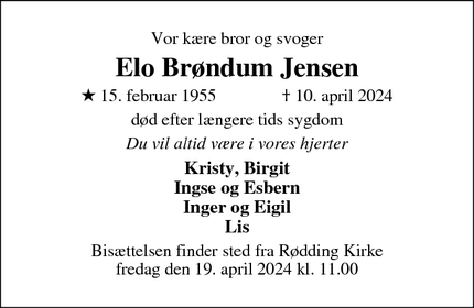 Dødsannoncen for Elo Brøndum Jensen - Tjele