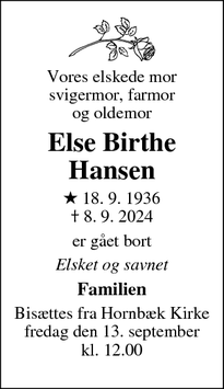 Dødsannoncen for Else Birthe
Hansen - Hornbæk