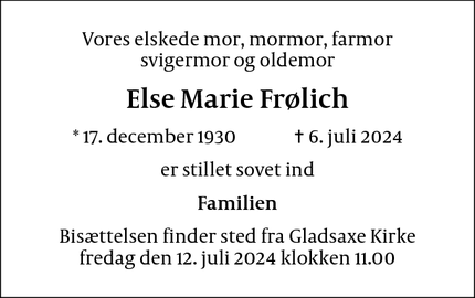 Dødsannoncen for Else Marie Frølich - 2400 København NV